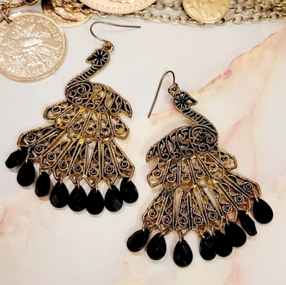 Vintage Malaysian Filigree Peacock Beaded Gold Chandelier Earrings